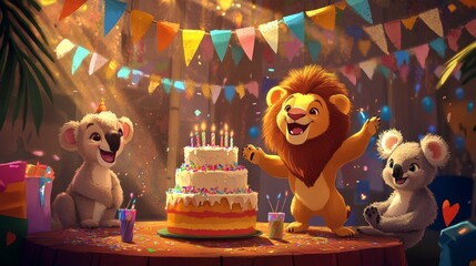 A magical birthday party with colorful streamers, a big cake, and animals like a lion and a koala, spreading joy and laughter all around. 