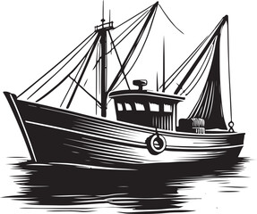 boat silhouette victor style image with white and block background.