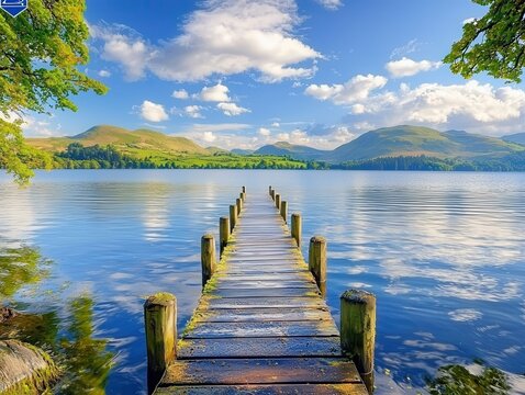 A tranquil summer lake surrounded by rolling hills covered in lush greenery. The still water reflects the vibrant blue sky and fluffy white clouds above. A small wooden dock extends into the 