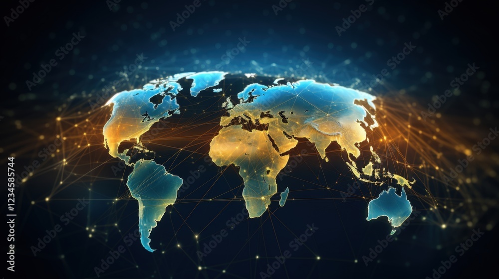 Poster global business network software technology concept illustrated with a world map connected via netwo