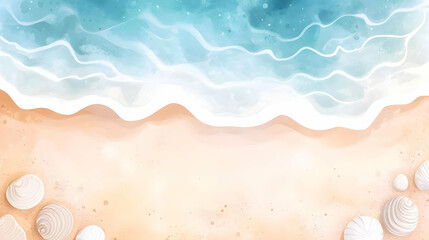 Aerial view of ocean waves meeting sandy beach with seashells; summer vacation background