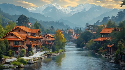 Naklejka premium Picturesque village nestled in a valley, river flowing through, majestic mountains in the background.