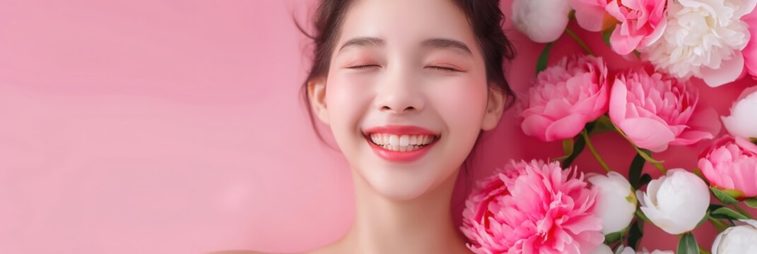 Asian woman lying on pink surface with closed eyes and floral arrangement in soft pastel setting relaxed calm mood copyspace concept of spa wellness beauty