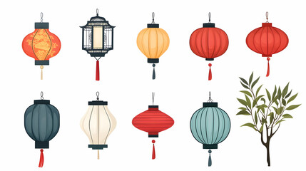 Asian lanterns collection, festive decor, hanging ornaments, white background, celebration
