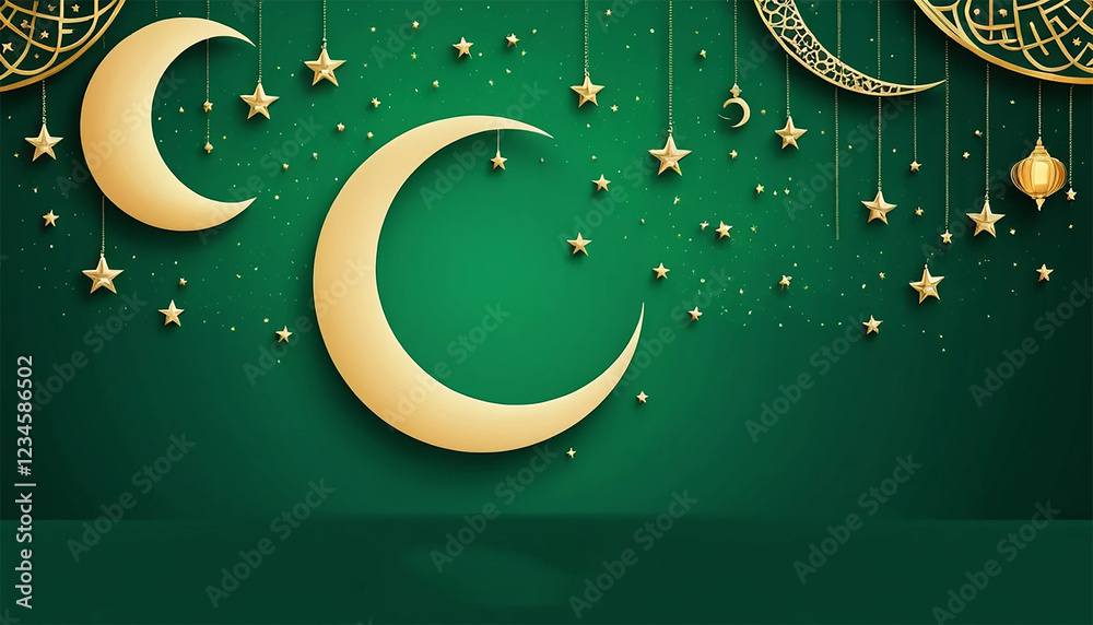 Fototapete elegant template for ramadan event with stars and lantern with green background