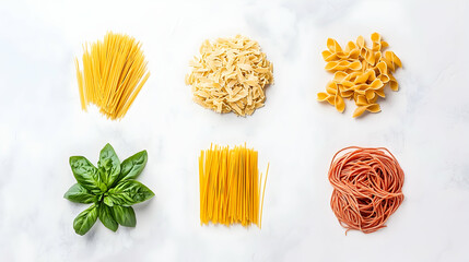 Assorted pasta types and basil on marble background. Food photography for recipe blogs and websites