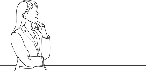 continuous single line drawing of thoughtful businesswoman, hand on chin, line art vector illustration
