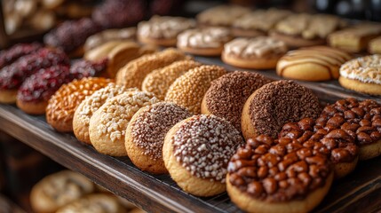 Assortment of delicious, freshly baked cookies displayed on wooden shelves in a bakery.