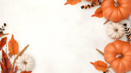 Fototapeta premium Autumn harvest pumpkins & leaves border on white background; fall greeting card design