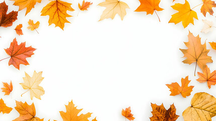 Autumn leaves frame on white background; fall design, seasonal template