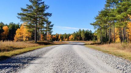 Obraz premium Autumnal gravel road curving through a pine forest, clear sky; scenic drive, nature photography