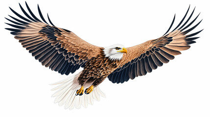 Obraz premium Bald eagle in flight, wings spread wide, against white background; nature, wildlife imagery