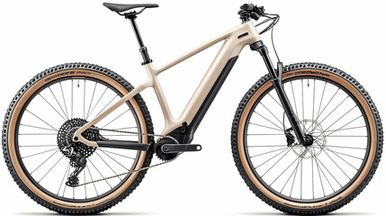 Naklejka premium Beige electric mountain bike, off-road trail background, showcasing power and adventure, ideal for e-bike marketing