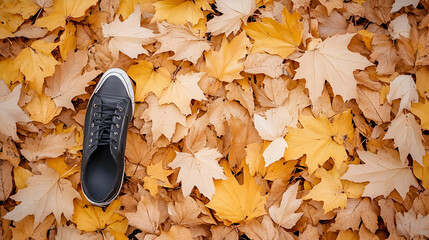 Black shoe on autumn leaves; fall fashion; outdoor background; website banner