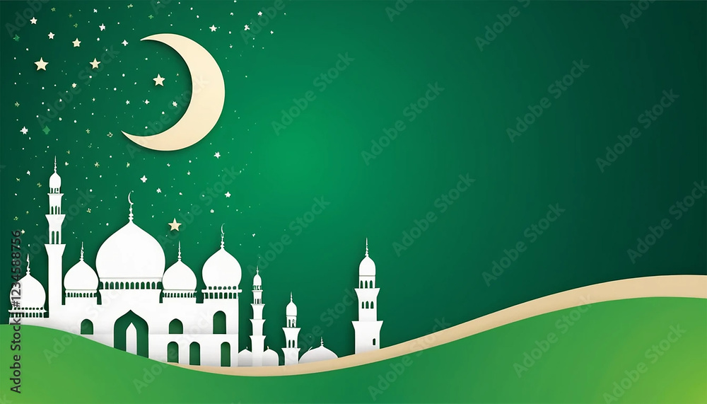 Fototapete elegant template for ramadan event with stars lantern and mosque with green background