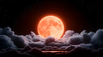 Blood moon rising above dark clouds at night; celestial event, perfect for Halloween or fantasy themes