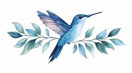 Obraz premium Blue hummingbird perched on branch with leaves; nature design, perfect for invitations or greeting cards