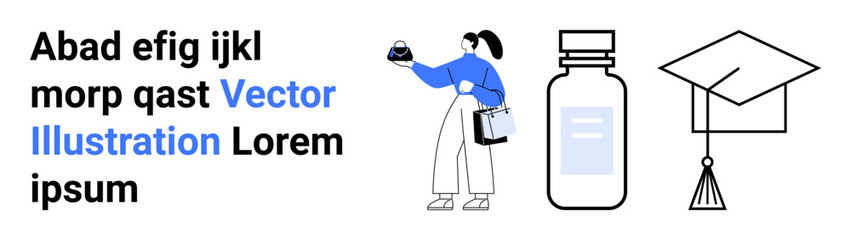 Female student holding a small black object, accompanied by a medicine bottle and a graduation cap, symbolizing education, research, medicine, and success. Ideal for learning, healthcare, science