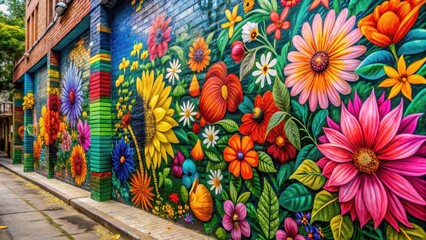 Fototapeta premium Colorful street art with vibrant flowers and leaves forming a beautiful background for a peaceful urban scene , colorful background, graffiti
