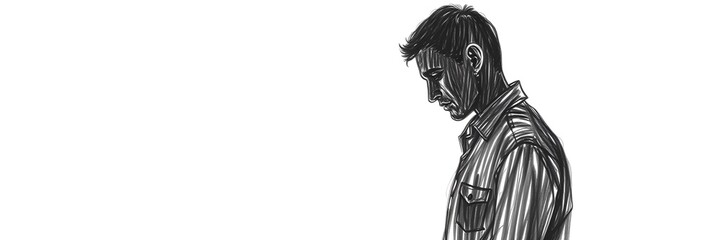 Sketch of a somber man with his head down in a minimalist style