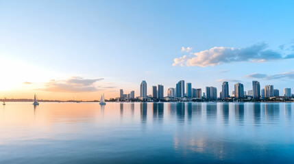 Fototapeta premium Calm sunset over city skyline reflected in tranquil water, sailboats at peace; ideal for travel brochures