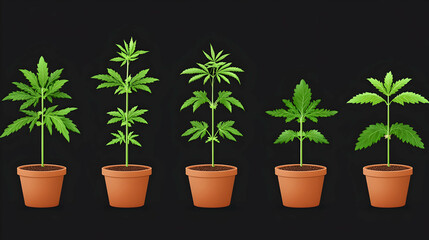Cannabis plant growth stages in pots, dark background; educational resource