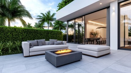 Modern Outdoor Living Space with Fire Pit and Stylish Furniture