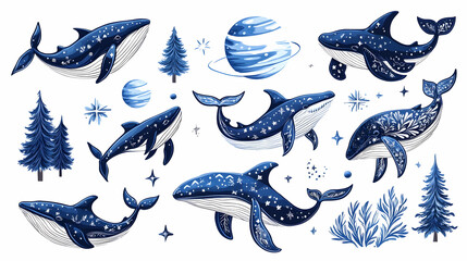 Celestial Whales and Winter Trees A collection of whimsical whale illustrations perfect for textile prints, children's books, and stationery