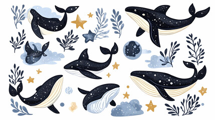 Fototapeta premium Celestial Whales whimsical illustration of space whales, stars, and clouds, perfect for children's books or textile prints