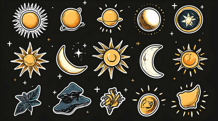 Celestial sun moon stars graphic design elements; cosmic background; for astrology, tattoo, or website