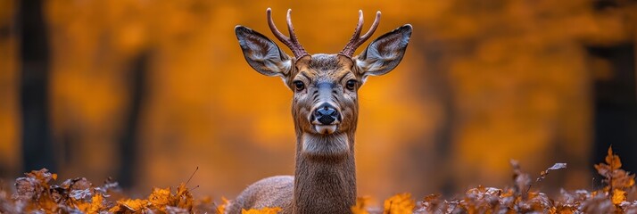 Deer standing gracefully in a golden autumn forest surrounded by vibrant foliage