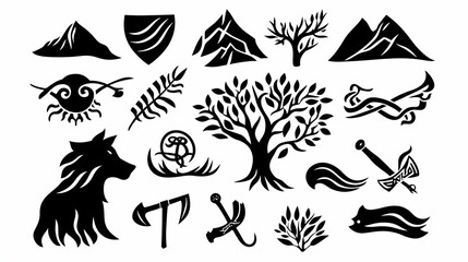Naklejka premium Celtic knotwork, nature, and weapon icon set; design elements for fantasy art, game development, or branding