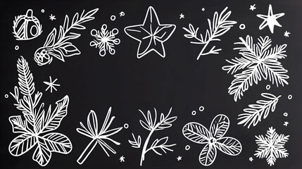 Chalkboard Christmas border design; festive plants & stars; winter holiday background; ideal for greeting cards