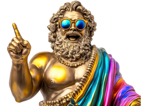 Gold stone statue of Zeus wear colorful sunglasses, pointing index finger