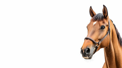 Obraz premium Chestnut horse portrait, white background, equestrian photography, suitable for websites or brochures