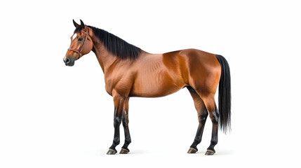 Obraz premium Chestnut horse standing, profile view, white background, equestrian photography, for websites or advertising