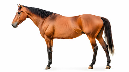 Obraz premium Chestnut horse standing profile, white background, equestrian photography, website use