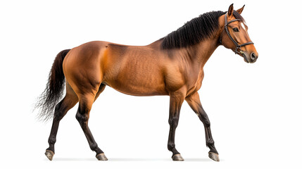 Obraz premium Chestnut horse walking, white background, equestrian sport, website banner