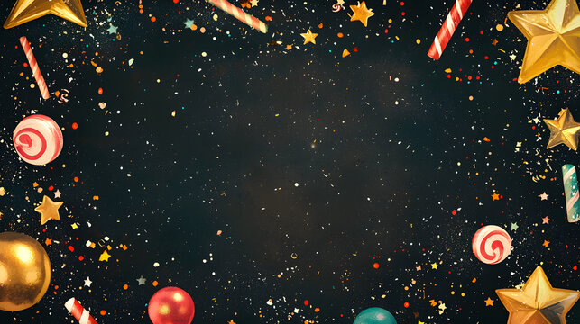 Blank party invitation surrounded by confetti, candy, and stars, ready for customization.