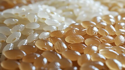Whole Ingredient Fiber, Closeup of Wet White and Brown Rice Grains Before Cooking with Glossy Texture and Copy Space