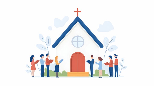 Choir singing hymns outside church, sunny day, peaceful background, religious event illustration