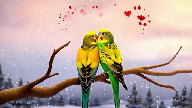 Adorable Love Birds: Budgerigars Perched Together in Winter Scene