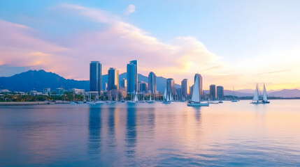 Fototapeta premium City skyline sunset, sailboats at harbor, mountains in background; travel brochure