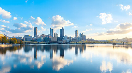 City skyline reflection in calm river at sunrise; ideal for travel brochures