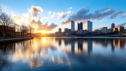 Naklejka premium City skyline sunrise reflection, river, winter trees. Ideal for travel brochures
