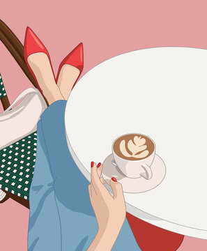 Woman Sitting with a Cappuccino on Table