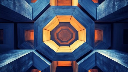Geometric wooden room divider on vibrant royal blue background 