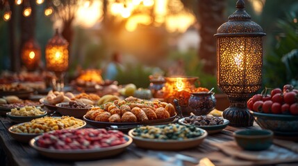Sunset feast abundant food on rustic table with ornate lanterns.