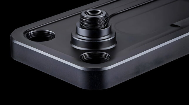 Close-up of black metal water cooling plate, threaded fitting, dark background; ideal for tech websites