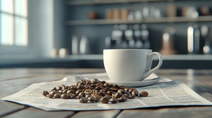 Coffee cup on newspaper, coffee beans, cafe background.  Perfect for cafe menu, website, or advertisement